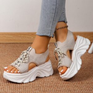 Women's Shoes Fashion Hollowed-out Mid Heel Mesh Sports Platform Sandals