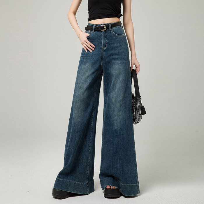 Dark Blue Narrow Version Korean Simple High Waist Loose Small Mop Wide Leg Pants - Image 3