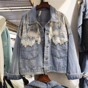 Splicing Beads Diamond Grenadine Loose Denim Jacket