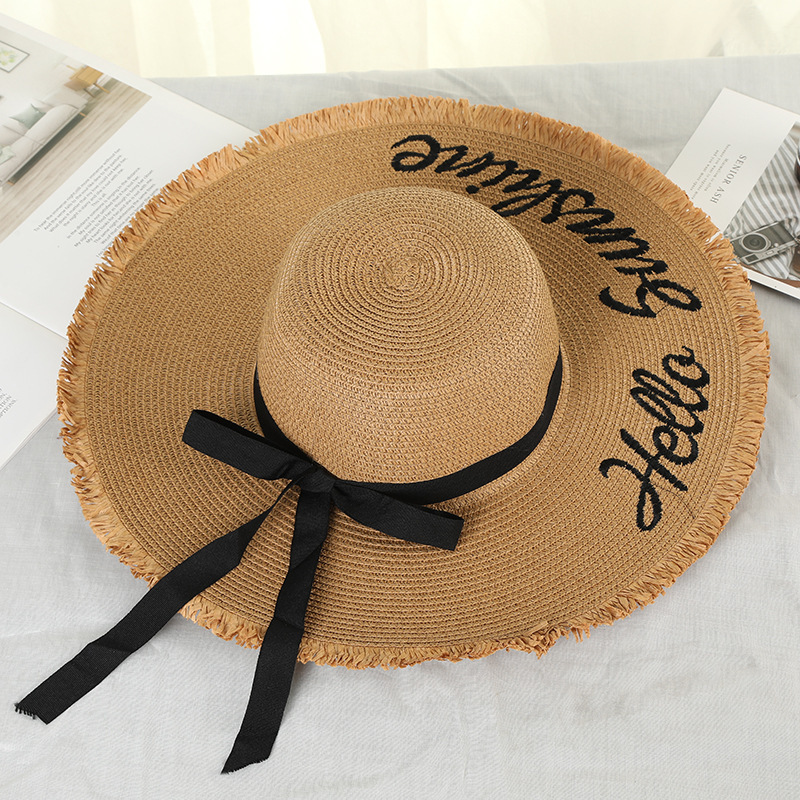 Women Lace Up Large Brim Straw Hat Beach Caps - Image 4