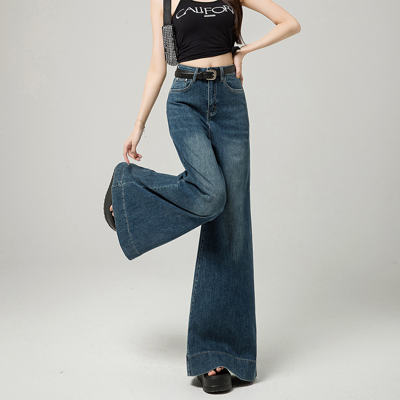 Dark Blue Narrow Version Korean Simple High Waist Loose Small Mop Wide Leg Pants - Image 2