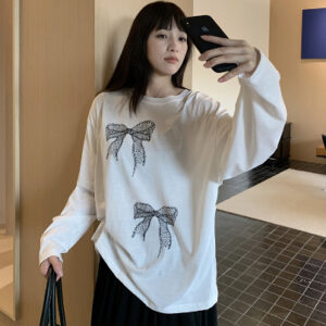 Bow Print Long-sleeved T-shirt Women's Thin Loose Top