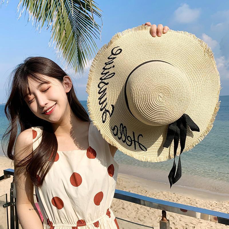 Women Lace Up Large Brim Straw Hat Beach Caps - Image 6